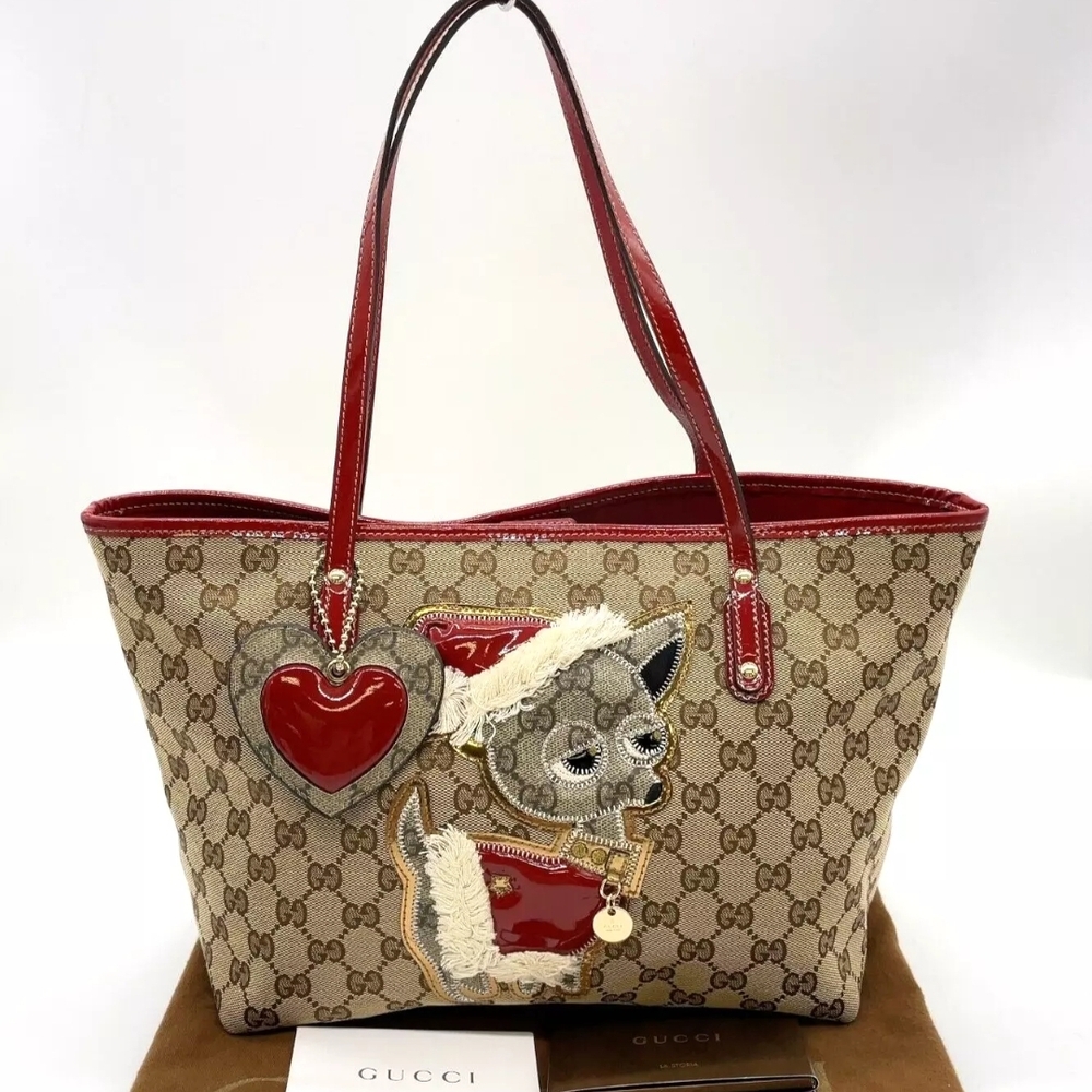 Gucci GG Canvas Chihuahua Enamel Red Tote Bag With Dust Bag